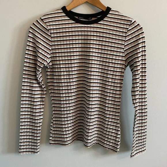 NWT ZARA Striped Long Sleeve Knit T-shirt Stretch Classic Closet Staple - Picture 2 of 7